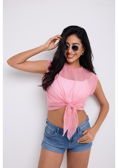 Önü Bağlamalı Tül Bluz Toz Pembe
