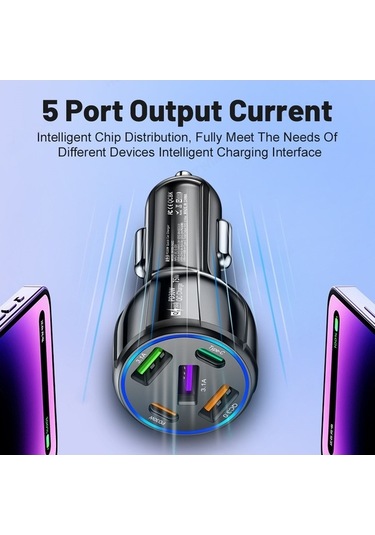 Createtech Telefonu Siyah Şarj Hızlı Hatlı Cihazı Çift Cep Araç 75w 3usb 2pd + Vg