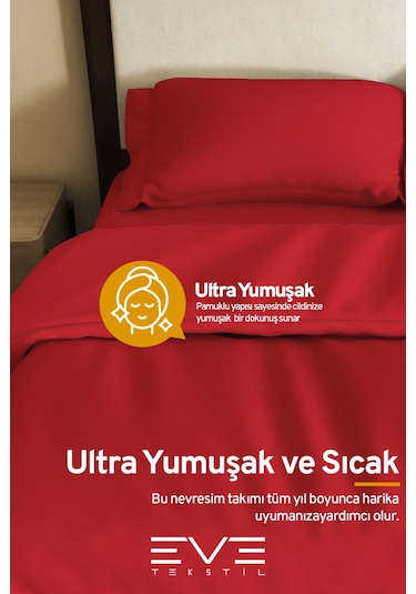 Eve Tekstil %100 Pamuk Ranforce Çarşaflı Yastık Ve Yorgan Kılıflı Çift Kişilik Nevresim Takımı 200x220 Cm Kırmızı