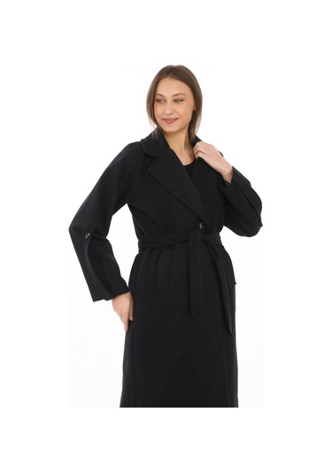 Kadın Uzun Kaşe Kaban Yünlü Dokuma Kaşmir Kumaş, Kruvaze Yaka, Kuşaklı Astarlı Tesettür Uyumlu Şık Siyah Kadın Uzun Kaşe Kaban Yünlü Dokuma Kaşmir Kumaş, Kruvaze Yaka, Kuşaklı Astarlı Tesettür Uyumlu Şık Siyah