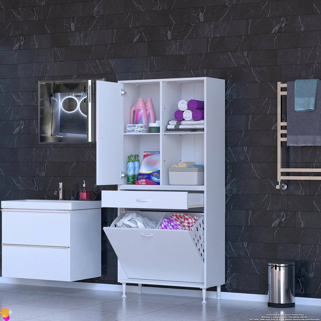 Kayra 1 Çekmece, 2 Göz Sepet, Tek Kapak, 4 Raf Dar Alan Banyo Dolabı 75x173x32,5 Cm Beyaz