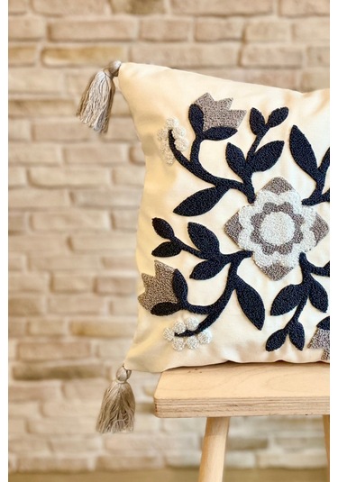 Swita Home Punch İşlemeli Tekli Dekoratif Özel Tasarım Kırlent Kılıfı Panç Lacivert - Gri