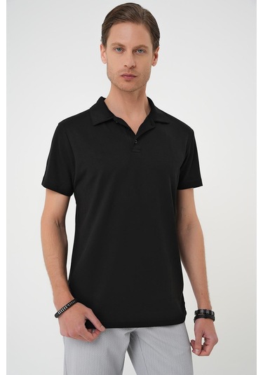 Comfort Fit Polo Yaka Esnek Pamuk Casual Siyah Tişört Ts 886 Siyah