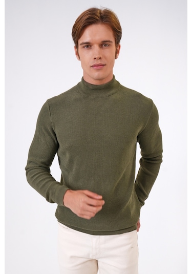 Haki Regular Fit Pamuklu Yarım Balıkçı Yaka Triko Kazak-haki Haki
