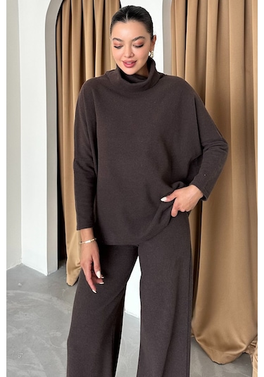 Modagen Kadın Selanik Kumaş Balıkçı Yaka Alt Üst Takım Kahve