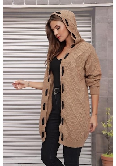 Aqe Fashion Kapüşonlu Kabartma Desenli Şerit Garnili Camel Hırka CAMEL Camel