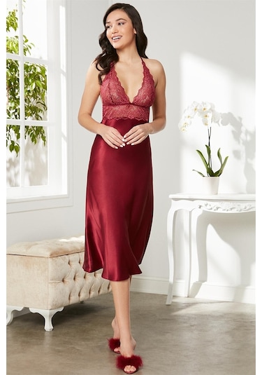 Pierre Cardin 905 Kadın İp Askılı Saten Gecelik-bordo Bordo