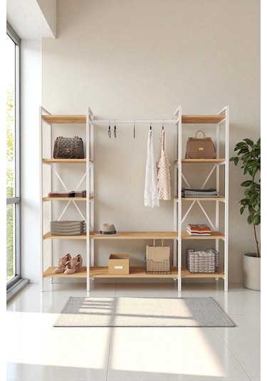 Nilamu Atlantik Çam Elbise Dolabı Metal Gövdeli Açık Askılık & Organizer Dolap 175 170 34 Cm Atlantik Çam