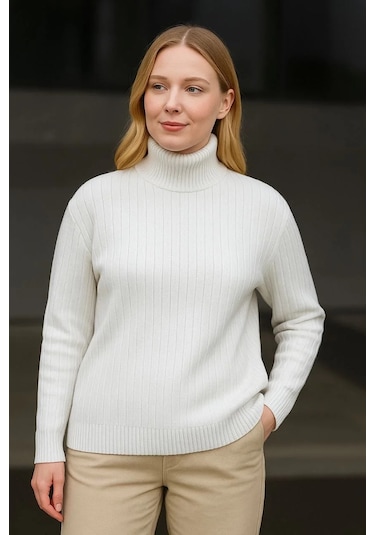 Kadın Balıkcı Yaka Bağazlı Triko Kazak Pamuklu Kalın Fitilli Dokuma - Beyaz Beyaz