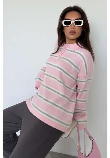 Pembe Polo Yaka Çizgili Kadın Triko Kazak Mg2469 Pembe