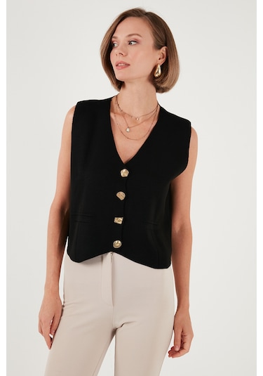Lela Standart Fit V Yaka Düğmeli Triko Bayan Yelek 4616177 Siyah