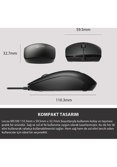 Lecoo Ms100 Usb Kablolu 1000dpı 3 Tuşlu Optik Mouse Ms100