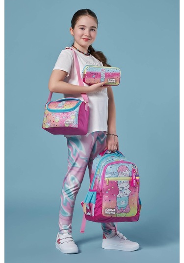 Coral High Kids Renkli Dondurmalı Kedi Desenli 3 Lü Okul Çanta Seti Set0123648