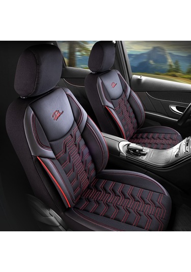 Panda Berlin Serisi Jakar Kumaş Oto Koltuk Kılıfı - Siyah - Kırmızı