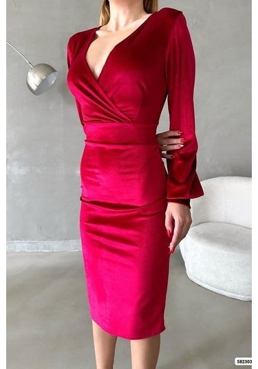 Nnstartshopping Kadın Kadife Kumaş Kruvaze Yaka Balon Kol Ve Yırtmaç Detaylı Midi Boy Elbise Kırmızı