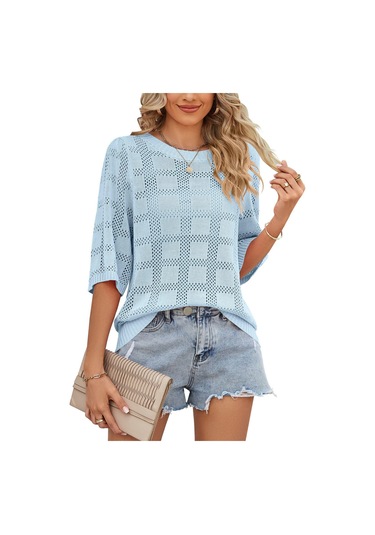 Hnxc Kadın Modası Rahat Yazlık Düz Renk Baskılı 3/4 Kollu O Yaka Bluzlar Ve Gömlekler Mavi