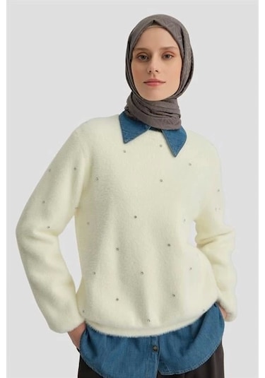 Armine Taş Detaylı Kazak 24kd2806 Aytaşı Krem