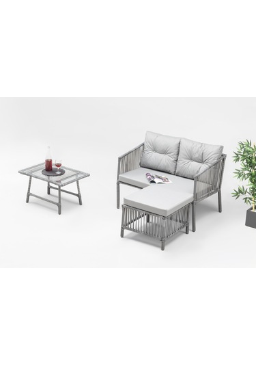 Icon Dinlenme Seti Bahçe ve Balkon Mobilyası Takımı (2'li+Sehpa+puf) Gri