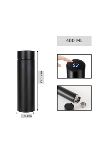 Çelik Dijital Led Sıcaklık Göstergeli Akıllı Termos Matara 400 Ml Siyah
