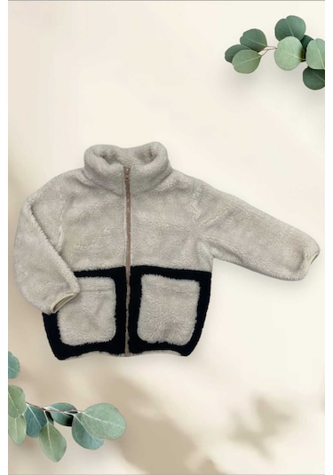 Kız Çocuk Peluş Ekru Siyah Cepli Fermuarlı Welsoft Kışlık Mont Ekru