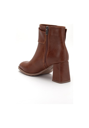 Taba Kadın Kalın Topuklu Bot Yan Fiyonk Aksesuarlı Küt Burun-4280 Taba