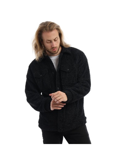 Erkek Kıvırcık Peluş Cıt Cıt Kapamalı Ceket Siyah