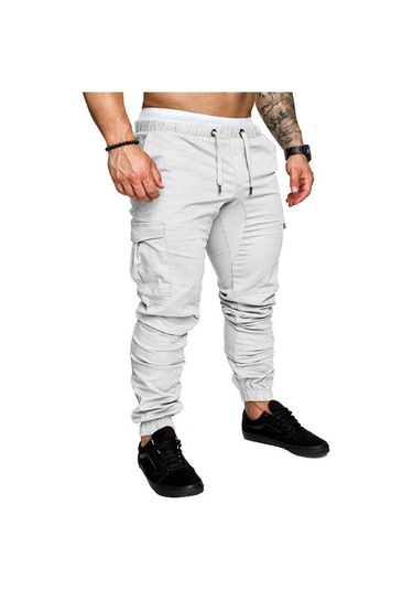 Erkek İlkbahar Ve Sonbahar Uzun Pantolon Moda Günlük İpli Elastik Pantolon Düz Renk Cepli Pantolon Beyaz