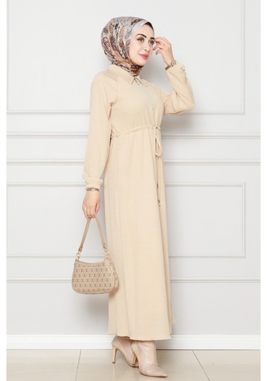 Omuzu Fırfır Kemerli Elbise-bej-4561 Bej