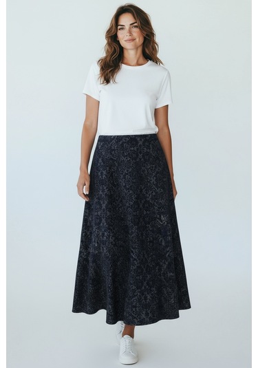 Kadın Beli Lastikli Desenli Sekiz Parça Balık Etek Mavi