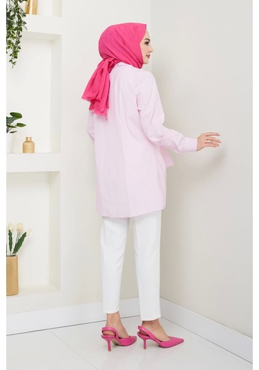 Çizgili Poplin Bağlamalı Gömlek - Pudra / Ü103 Pudra