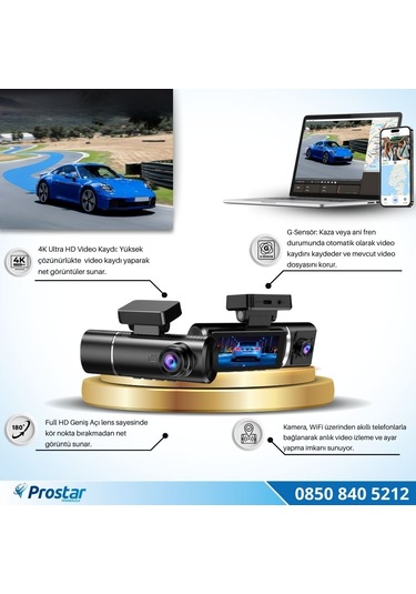 4k Ultra Hd 2 Kameralı Ön Ve İç Wifi Gps G-sensör Park Modu Dashcam Kamera