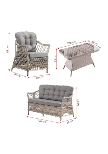 Icon Rattan Bahçe Balkon Oturma Takımı 2+1+1+camlı Masa Gri Gri