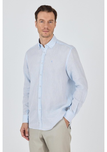 Uzun Kol Düz Keten Düğmeli Yaka Cepsiz Casual Comfort Fit Gömlek 1004250114 Mavi