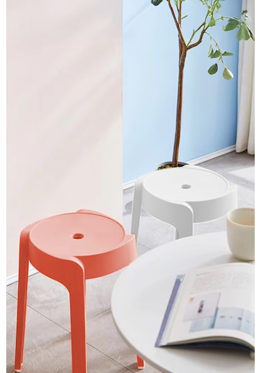 Kaymaz Ayaklı İçiçe Geçebilen Plastik Tabure 4 Adet Mercan-beyaz