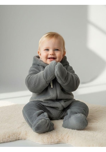 Zekids Bebek Peluş Kapüşonu Kulak Detaylı Tulum-16670 Gri