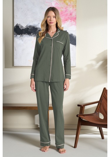Kadın Biye Detaylı Penye Uzun Kol Pijama Takımı 3103 Yeşil Yeşil