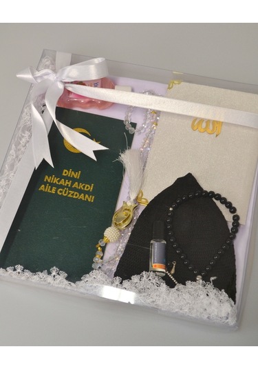 Dini Nikah Seti Kurdeleli Özel Kutu Dini Nikah Defteri, Kadife Yasin, Gelin Başörtüsü, Kristal Tesbih, Gül Suyu, Takke, Esans
