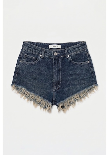 Itsbasic Kadın Koyu Kot 2s6 Mini Boy Paça Püsküllü Denim Şort