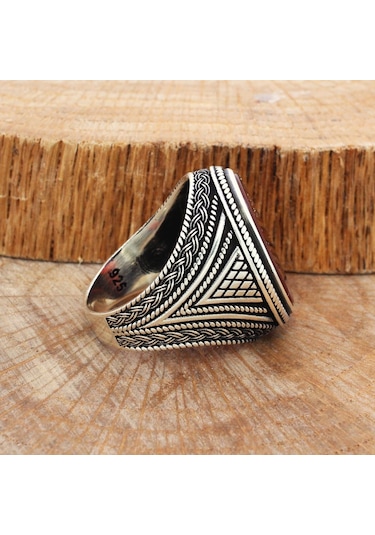 Örgü Tasarım Düz Kesim Akik Taşlı Gümüş Erkek Yüzük