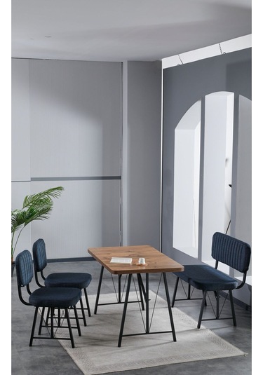 Elfin 70x110 Atlantik Yemek Masası, Yemek Masası Takımı, 2 Sandalye 1 Bench - Lacivert Lacivert