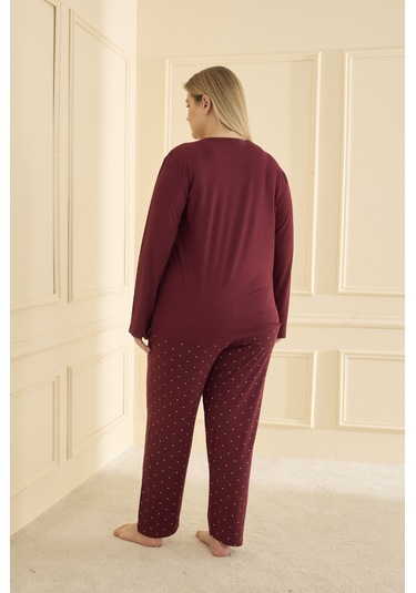 Mihra Kadın Pijama Takımı Büyük Beden & Battal Uzun Kol Bordo