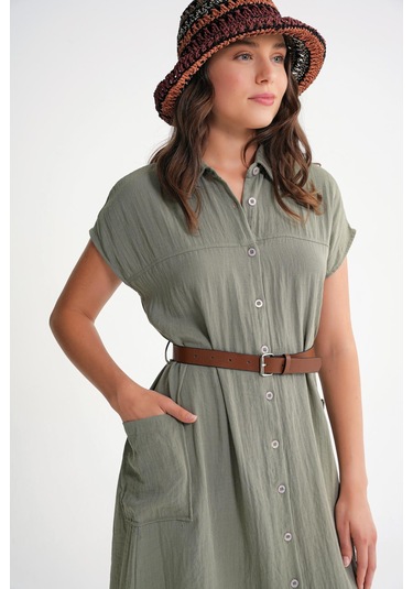 4453 Kadın Keten Cepli Midi Kemerli Elbise Haki Haki