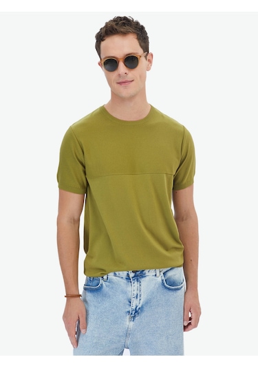 Kip Yağ Yeşili Bisiklet Yaka Ters Örgü Triko Çok Renkli