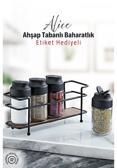 Ahşap Tabanlı Metal Standlı 4 Lü Cam Baharatlık Seti