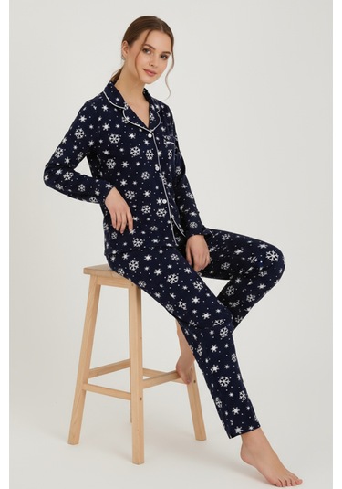 Luxury Soft Lacivert Kar Tanesi Desenli Uzun Kollu Kadın Pijama Takımı 3059 Lacivert