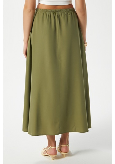 Kadın Seaside Haki Astarlı Bel Lastikli Cepli Dokuma Uzun Etek Haki