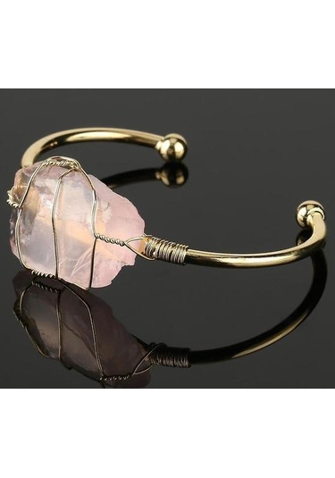 Doğal Taş Tel Wrap Düzensiz Kristal Kuvars Manşet Bakır Bilezik Gold-rose Quartz Altın - Bej