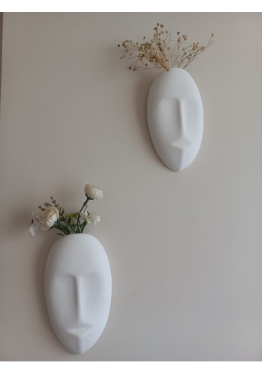 Dekoratif 2'li Yüz Duvar Vazosu, Duvar Süsü ,heykel Aksesuar Beyaz