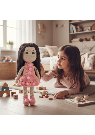 Tığ İşi Sevimli Kız Bebek Amigurumi Örgü Oyuncak Krem - Pembe