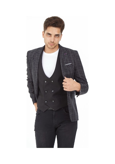 Sposo 5140 Yelekli Dar Kalıp Siyah Ekose Erkek Blazer Ceket Siyah